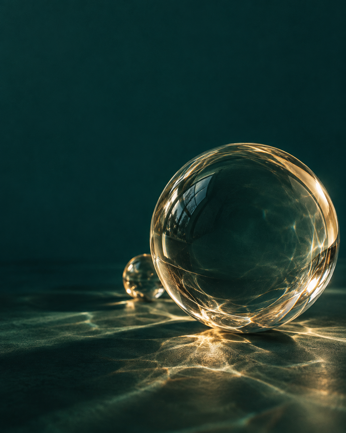 Abstract glass spheres in teal and gold light; conceptual editorial artwork, not ovarian anatomy.