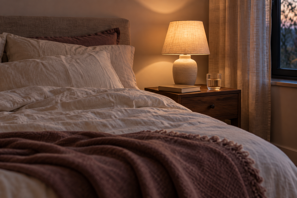 Warm bedside light and linen in an AI-created editorial bedroom illustration