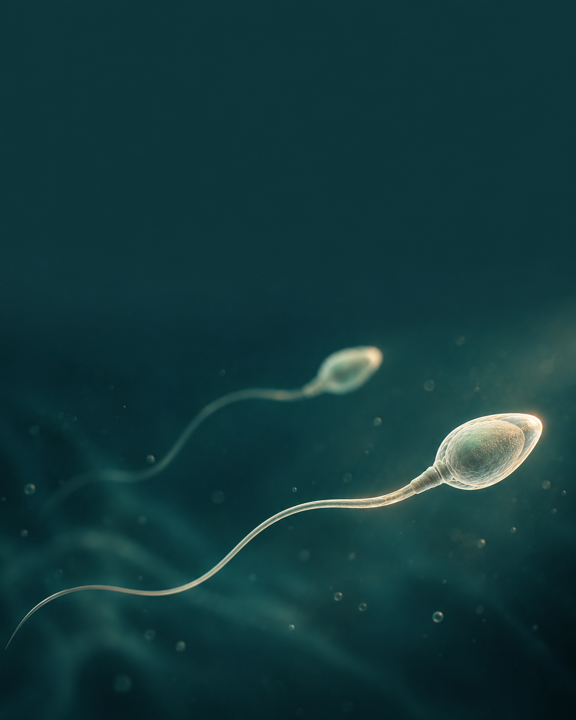Editorial illustration of sperm against a dark teal background; not a microscope image.
