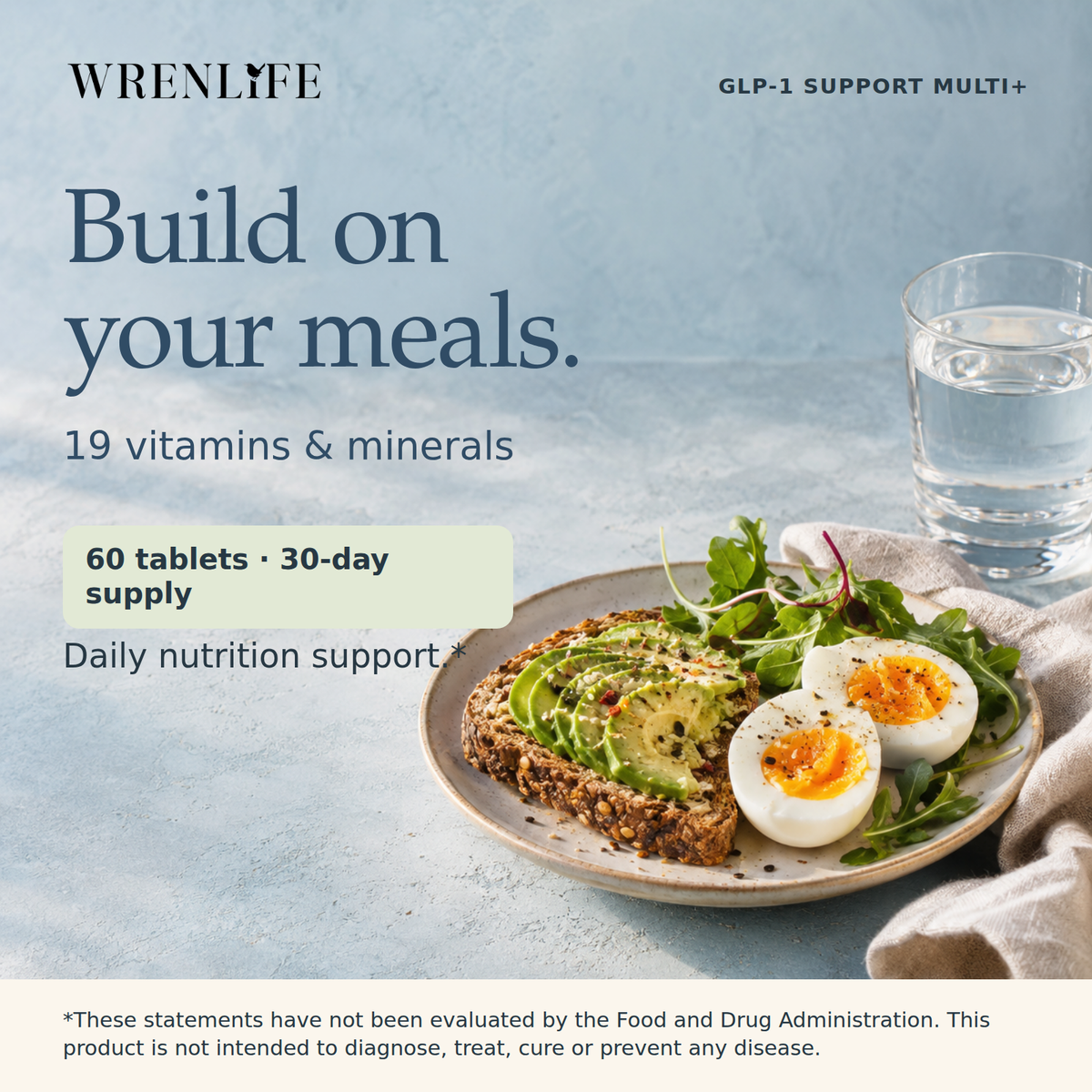 WrenLife GLP-1 Support Multi+ daily nutrition artwork with a colorful meal. Nineteen vitamins and minerals; sixty tablets, a thirty-day supply. Supplements complement meals.
