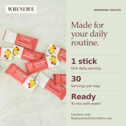 Made for your daily routine: Hormone Health Raspberry Lemonade stick packs. One stick pack is one daily serving; thirty servings per bag. Contains milk.