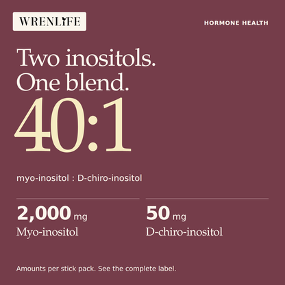 Two inositols, one blend: forty-to-one ratio of myo-inositol to D-chiro-inositol. Each Hormone Health stick pack contains two thousand milligrams of myo-inositol and fifty milligrams of D-chiro-inositol.